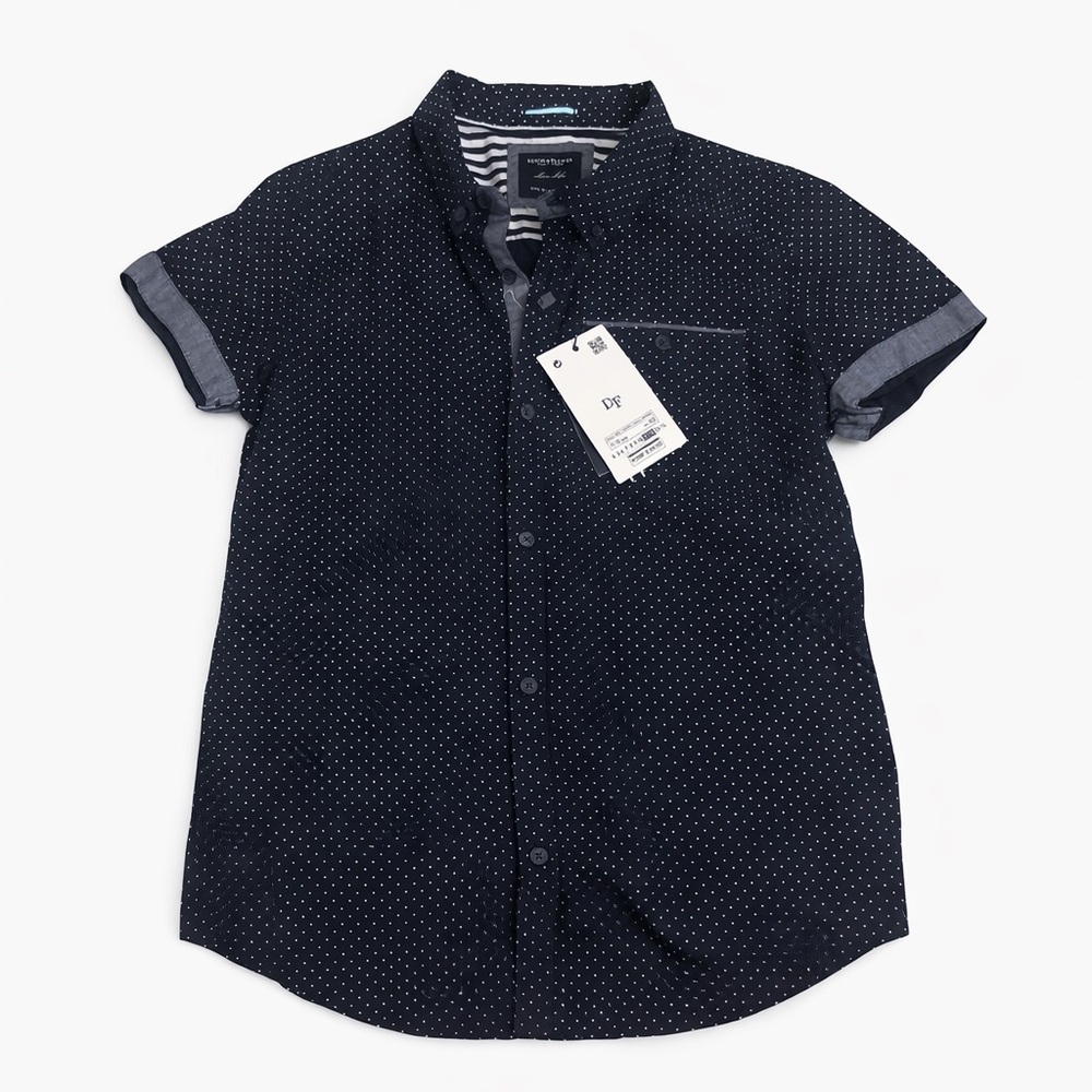 Denim & Flower Boys Button Down Shirt Size 11/12 NWT Navy Polka Dot